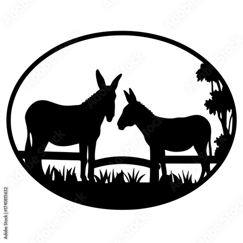 Silhouette of two donkeys facing each other in an oval landscape