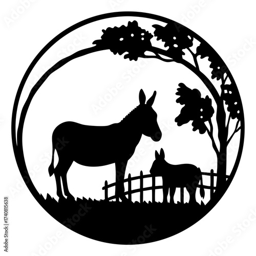 Black Silhouette of Donkey and Foal in a Natural Setting within Circle