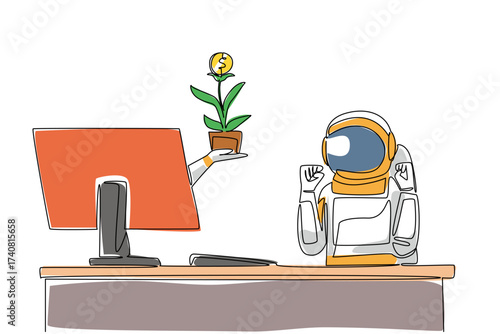 Single continuous line drawing hand of astronaut out of monitor screen while holds money tree with dollar coin fruit. Astronauts and investment. Things from Screen. One line design vector illustration