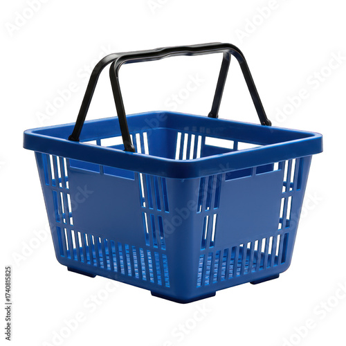 Empty bright blue plastic shopping basket with black handles on a plain dark background