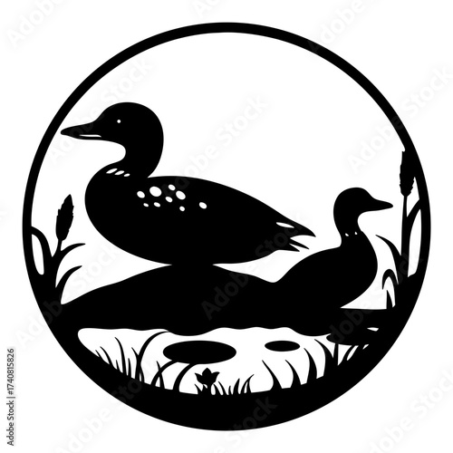 Monochrome Ducks and Lily Pads Roundel Silhouette Art Illustration Design
