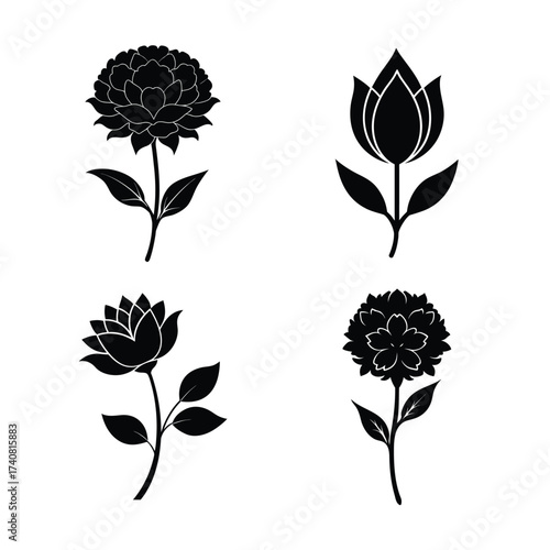 Peony flower icons collection for floral and botanical designs
