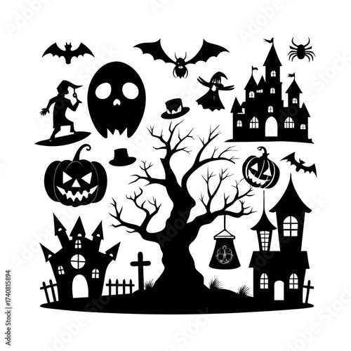 "Halloween Vector Scene with Haunted Tree and Icons"