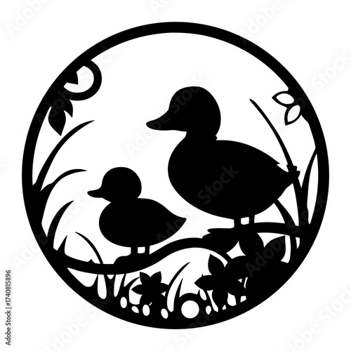 Silhouette of a duck and duckling in a natural habitat circle