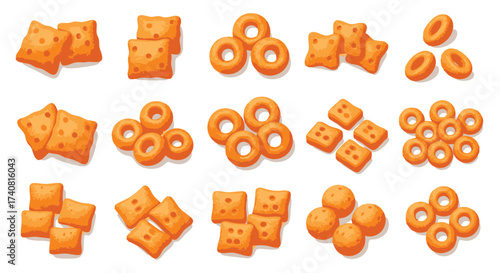 A collection of savory snack crackers in various shapes like squares, rings, and balls. A set of vector illustrations isolated on a white background