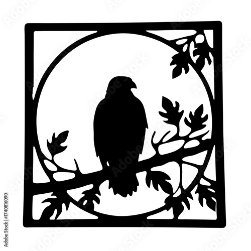 Black Silhouette of a Hawk Perched on a Branch Surrounded by Leaves