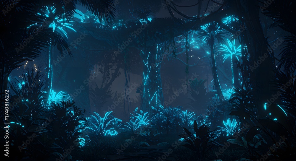 Fototapeta premium Ethereal Bioluminescent Jungle at Night, Glowing Flora and Mystical Atmosphere