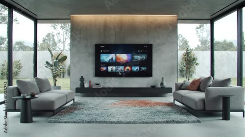 Wallpaper Mural Modern Living Room Featuring Gray Sofas and Large Screen Television Torontodigital.ca