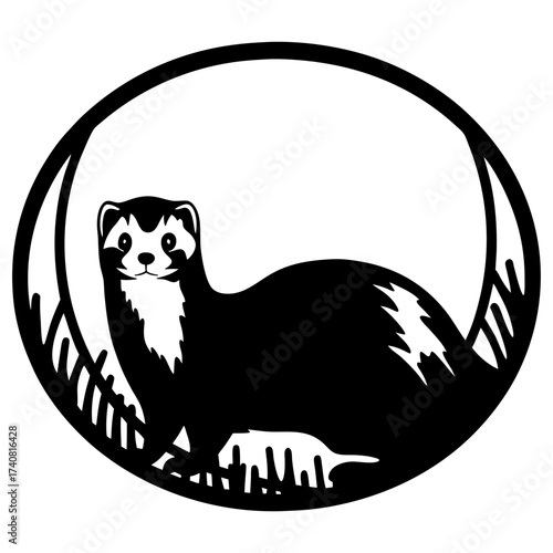 Ferret Silhouette in Circular Frame with Detailed Grass Design Element