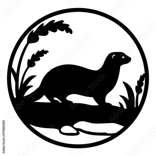 Silhouette of an Otter in a Circular Frame with Riverbank Details