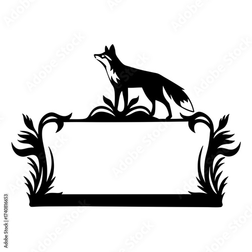 Black Silhouette of Fox on Decorative Frame with Space for Text