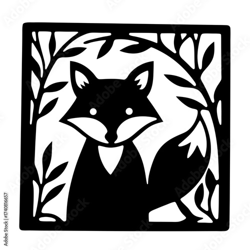 A black and white silhouette illustration of a fox framed by foliage