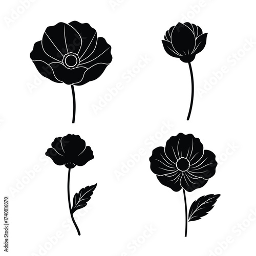 Poppy Flower Icons Collection for Nature Garden and Decoration