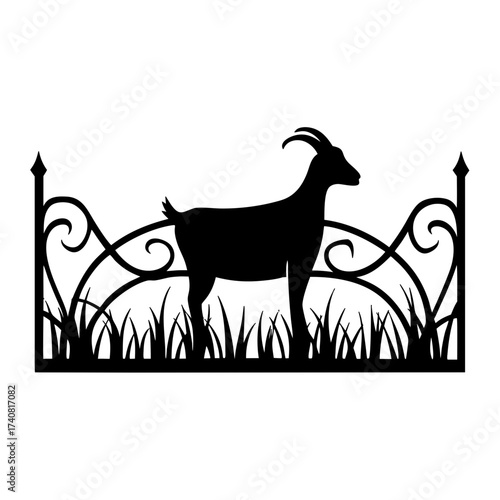 Silhouette of a Goat Standing Beside a Decorative Garden Fence in Grass