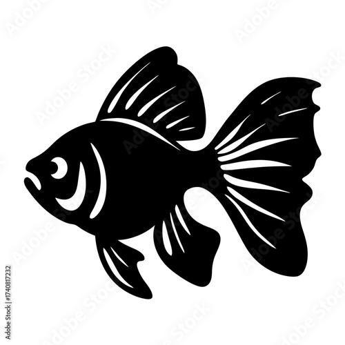 Black silhouette illustration of a fantail goldfish with decorative fins and tail