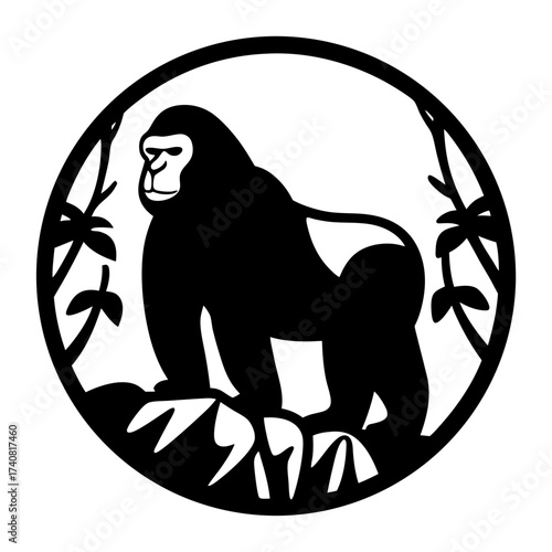 Silhouette of a majestic gorilla surrounded by jungle foliage in a circle frame