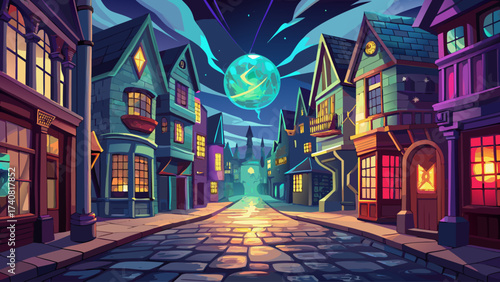 Close-up of Diagon Alley cobblestone street, glowing magical reflections, surreal details, fantasy aura, dreamlike shop lights, mystical environment, legendary wizard market, epic artwork, imaginative