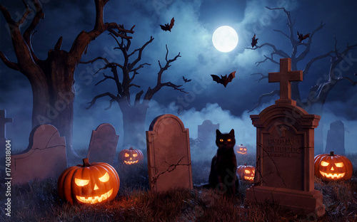 Black cat in halloween graveyard with pumpkins and full moon night