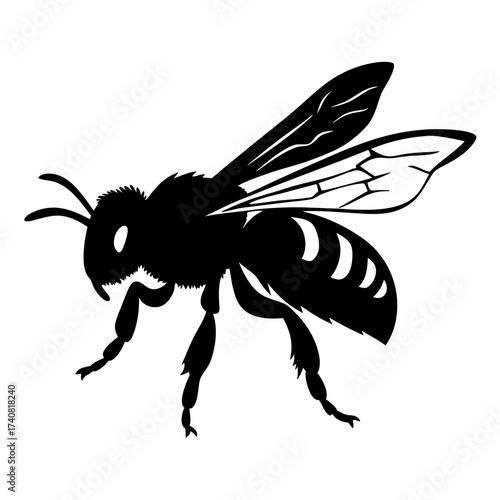 Black and White Silhouette of a Bee in Flight with Visible Wings