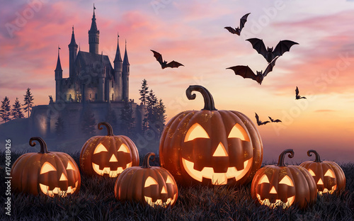 Halloween pumpkin with gothic castle and flying bats background