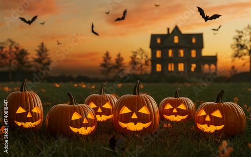 Halloween sunset scene with pumpkins and haunted house silhouette