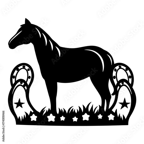 Black silhouette of a horse with horseshoes and stars artwork
