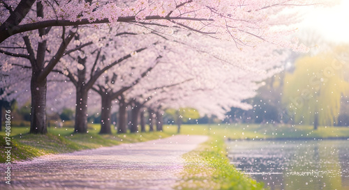 Cherry blossom trees in full bloom with soft pink petals falling
