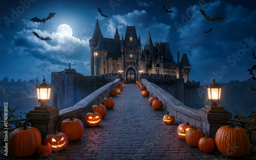 Dark castle bridge with glowing pumpkins halloween night scene