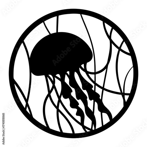 Black and white graphic design of a jellyfish in a circle