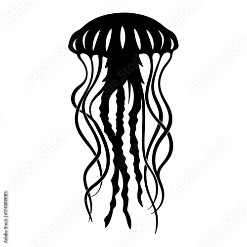 A simplistic black and white silhouette of a jellyfish aquatic life