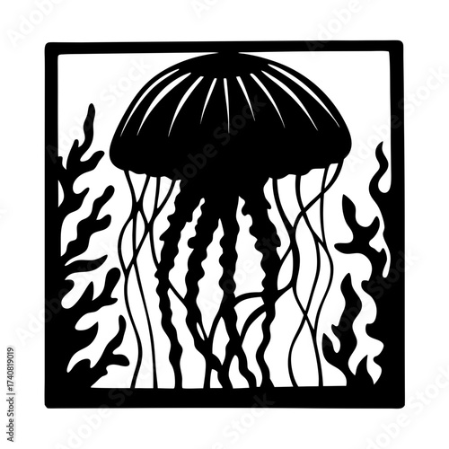 Stylized Jellyfish and Coral in a Square Border Art Image Design