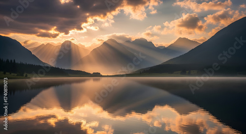 Breathtaking mountain sunrise with golden light rays piercing through morning mist, serene lake reflection