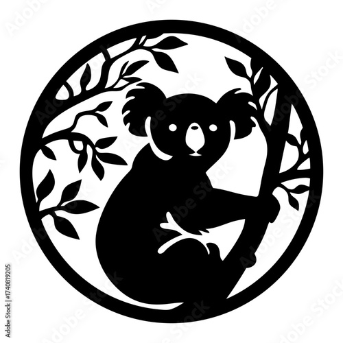 Black and white koala bear silhouette clinging to a tree branch design
