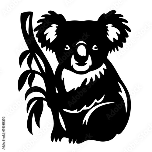 Black and white silhouette of a koala bear clinging to a tree