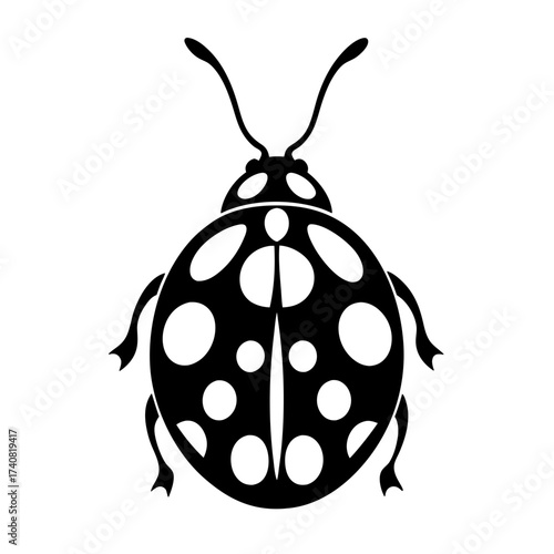 Minimalist black and white illustration of a spotted ladybug with antennae