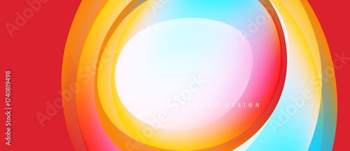 Abstract colorful layers create dynamic circular design. Red, orange, yellow, cyan hues blend smoothly. Modern background element.
