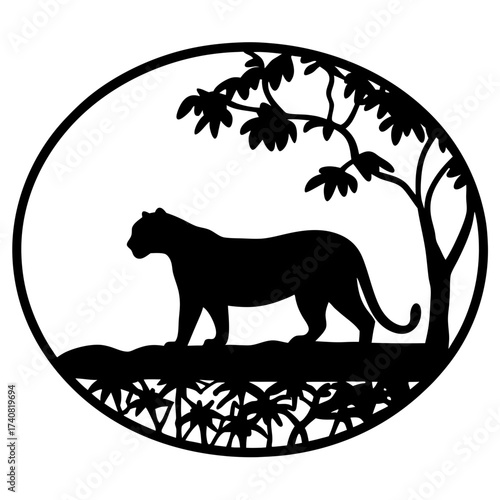 Silhouette of a majestic panther in its natural habitat circle design
