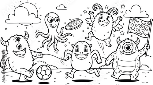 A group of diverse, cartoon monsters playing soccer and frisbee near a finish line, with a flag and sun in the background