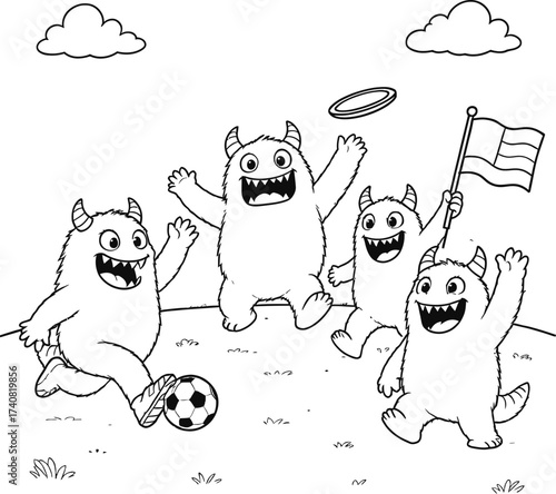 Four happy cartoon monsters playing soccer, frisbee, and holding an american flag on a sunny day with clouds in the sky