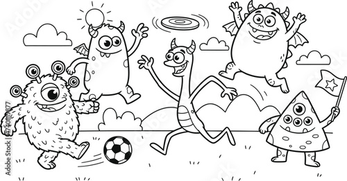 A group of diverse, cartoon monsters playing soccer and frisbee near a finish line, with a flag and sun in the background