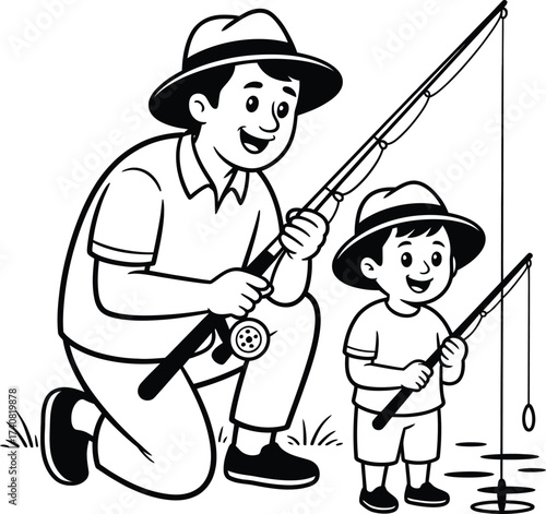 Father and son fishing together, both wearing hats and holding fishing rods, enjoying a day outdoors