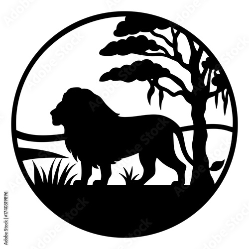 Cuadro en lienzo Silhouette of a Majestic Lion in African Savanna Circle Design