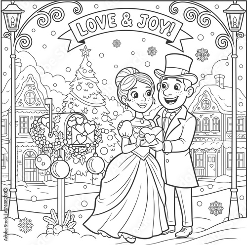A charming black and white illustration of a happy couple in formal attire holding a heart, standing by a decorated mailbox with a christmas tree and snowy village in the background, conveying love an