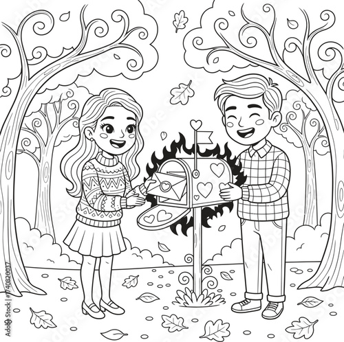 A heartwarming black and white illustration of a young couple in autumn attire putting a letter into a fiery mailbox surrounded by fallen leaves and trees, capturing the essence of love and connection