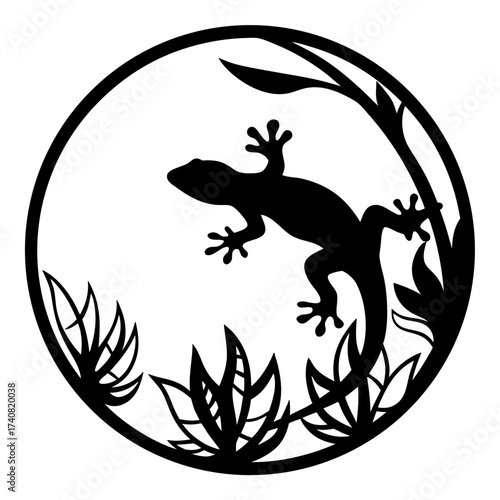 Silhouette of a gecko in a circular frame with stylized vegetation design