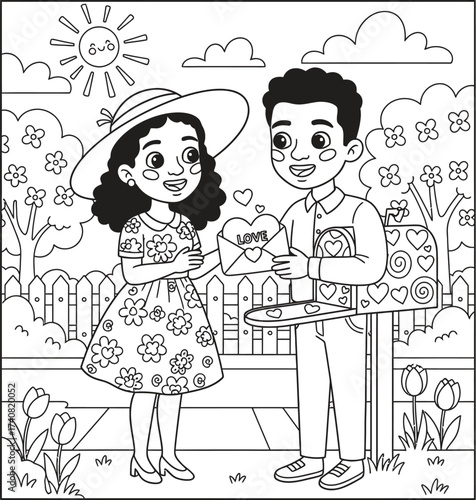 A heartwarming black and white illustration of a young couple in autumn attire putting a letter into a fiery mailbox surrounded by fallen leaves and trees, capturing the essence of love and connection