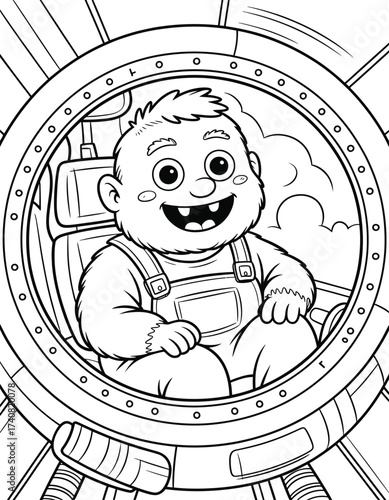 A cheerful baby in overalls inside a spacecrafts circular window, looking out at the vastness of space