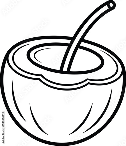A simple black and white line drawing of a halved coconut with a straw, isolated on a