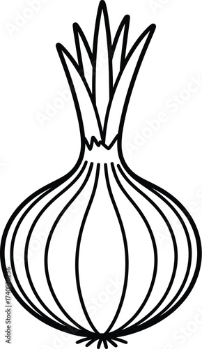 A black and white line art illustration of a single onion with green sprouts, isolated on a
