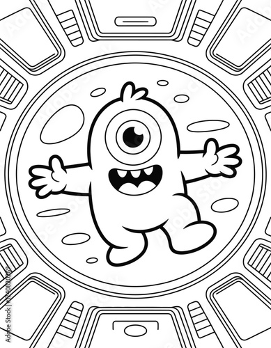 Oneeyed cartoon monster floating inside a spaceship cockpit, with arms outstretched and a wide smile, looking excited
